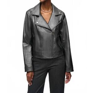 NEW JOSEPH RIBKOFF metallic faux leather biker jacket in gunmetal